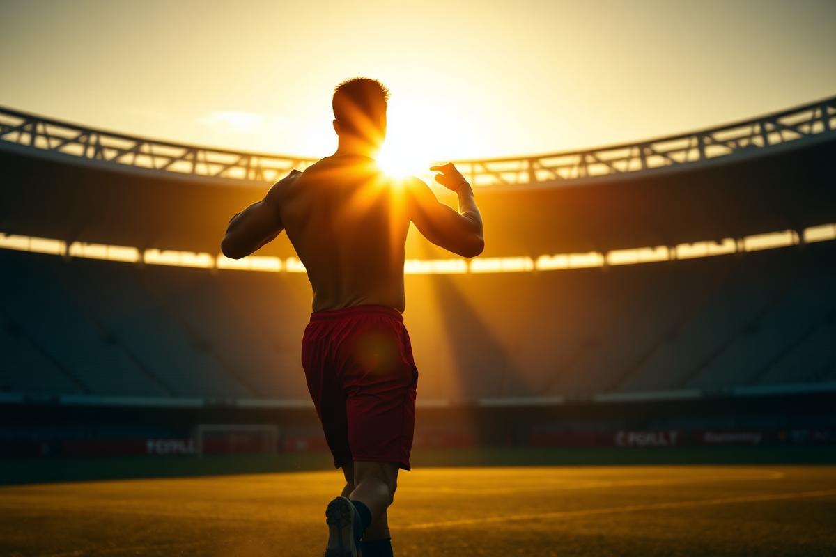 Silhouette of an elite footballer training at sunrise in an empty stadium — the work ethic behind Ronaldo's Instagram content